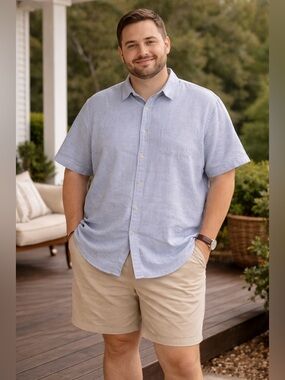 Men's Rochester 100% Linen Light Blue Short-Sleeve Shirt 2XL